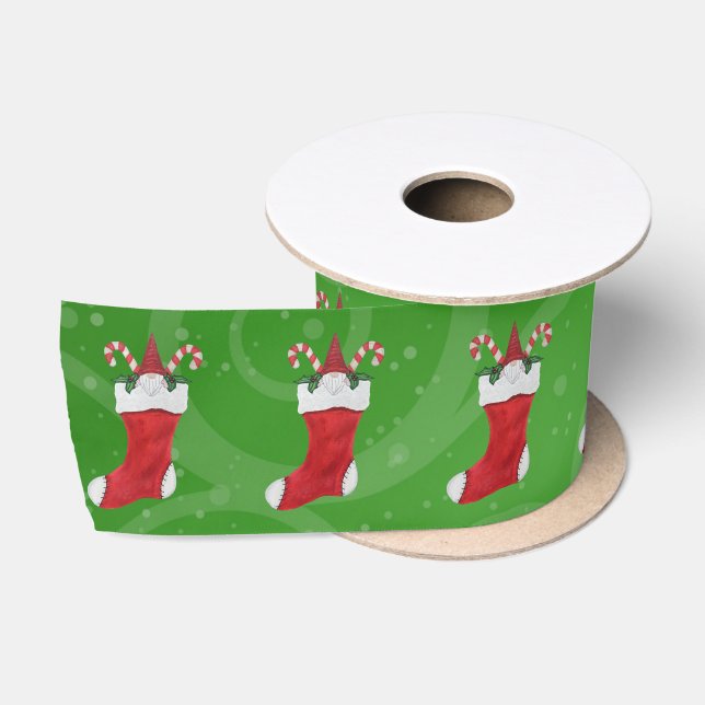 Bearted Gnome in Weihnachten Strumpf Grüne Wirbel Satinband (Spule)