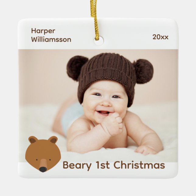 Beary 1 Foto Baby First Christmas Keramikornament (Vorderseite)