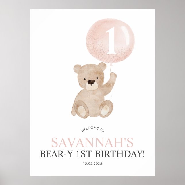 Beary 1. Geburtstag Pink Bär Begrüßungszeichen Pla Poster (Vorne)