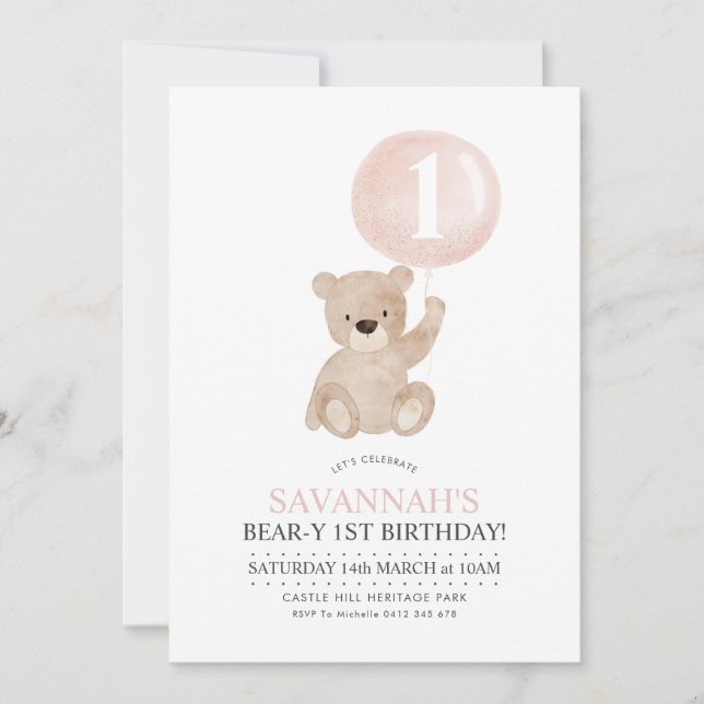 Beary 1st Birthday Bear Pink Ballon Einladung (Vorderseite)