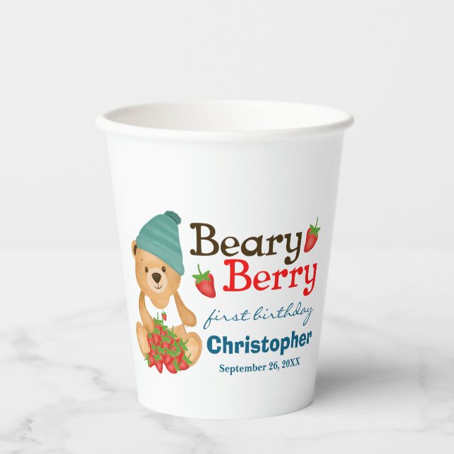 Beary Berry First Birthday Strawberries Niedlich C Pappbecher (Vorderseite)