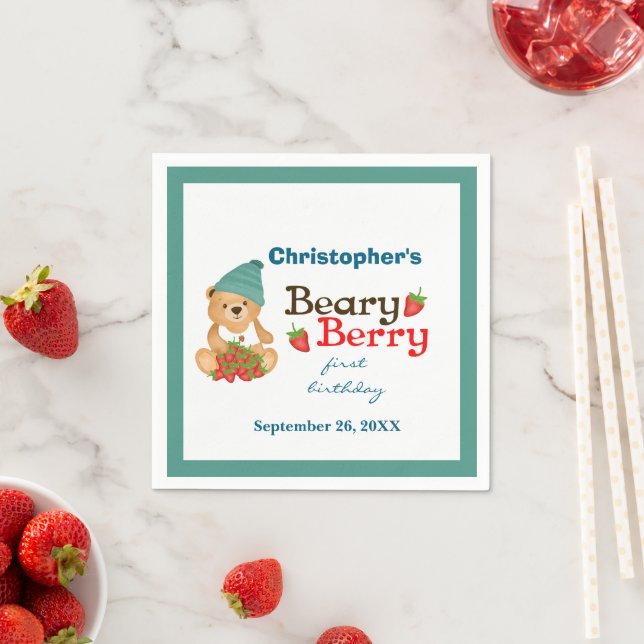 Beary Berry First Birthday Teddy Bear Strawberries Serviette (Beispiel)