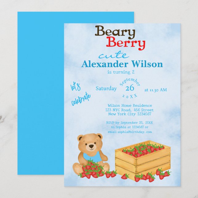 Beary Berry Niedlich Blue Cub's Strawberries Gebur Einladung (Vorne/Hinten)