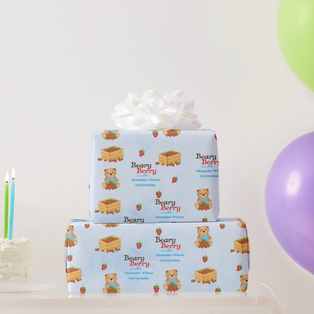 Beary Berry Niedlich Blue Strawberry Cub Boy Geschenkpapier (Partygeschenke)