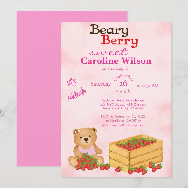 Beary Berry Sweet Pink Cub's Strawberries Geburtst Einladung (Vorne/Hinten)