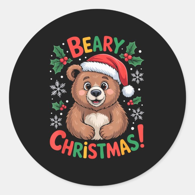 Beary Christmas Cute Bear Santa Funny Holiday  Runder Aufkleber (Vorderseite)