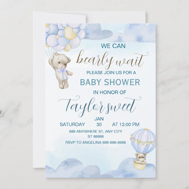 Beary Cute Blue Teddy Bear Baby Shower Invitation Einladung (Vorderseite)