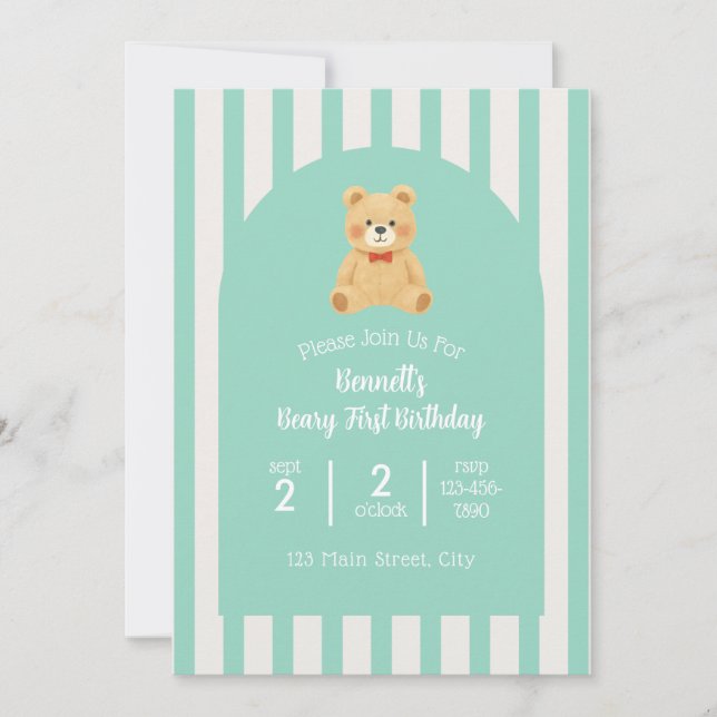 Beary Einladung zum ersten Geburtstag | Türkis (Vorderseite)