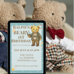 Beary erster Geburtstag Blau Braun schicker Bär Einladung