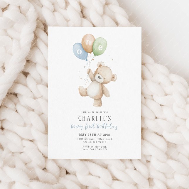 Beary First Balloon Boy 1st Birthday Teddy Bear Einladung (Beary first birthday! Blue, orange and green balloon and teddy bear 1st birthday party invitation.)