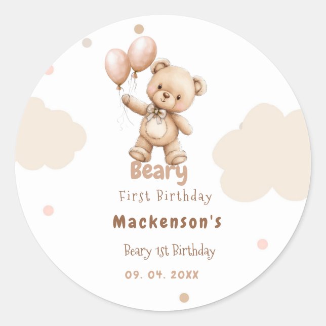 Beary First Balloon Boy 1st Birthday Teddy Bear Runder Aufkleber (Vorderseite)