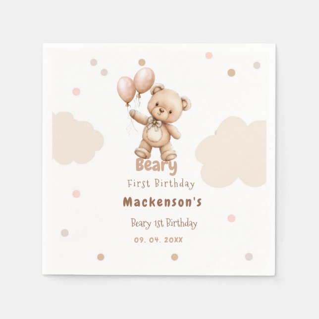 Beary First Balloon Boy 1st Birthday Teddy Bear Serviette (Vorderseite)