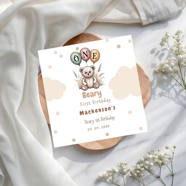 Beary First Balloon Boy 1st Birthday Teddy Bear Serviette (Von Creator hochgeladen)