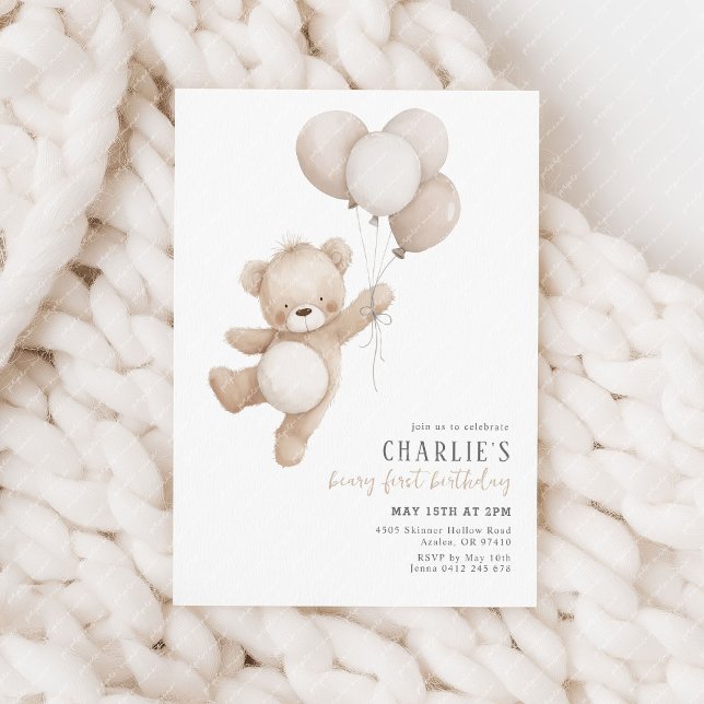 Beary First Beige Neutral Ballon 1. Geburtstag Einladung (Beary First Birthday! Gender Neutral 1st birthday invitation with beige balloons & cute teddy bear)