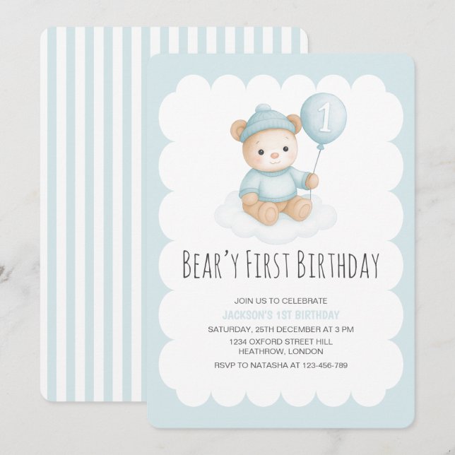 Beary First Birthday Blue Teddy Bear Einladung (Vorne/Hinten)