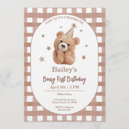 Beary First Birthday Gingham Einladung