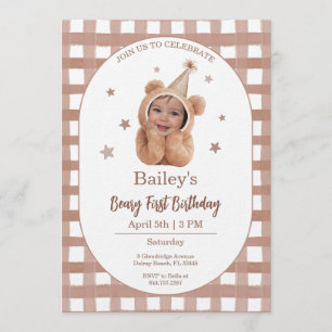 Beary First Birthday Gingham Foto-Einladung Einladung