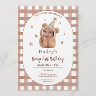 Beary First Birthday Gingham Foto-Einladung Einladung