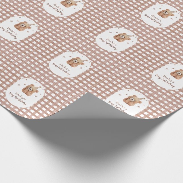 Beary First Birthday Gingham Geschenkpapier (Ecke)