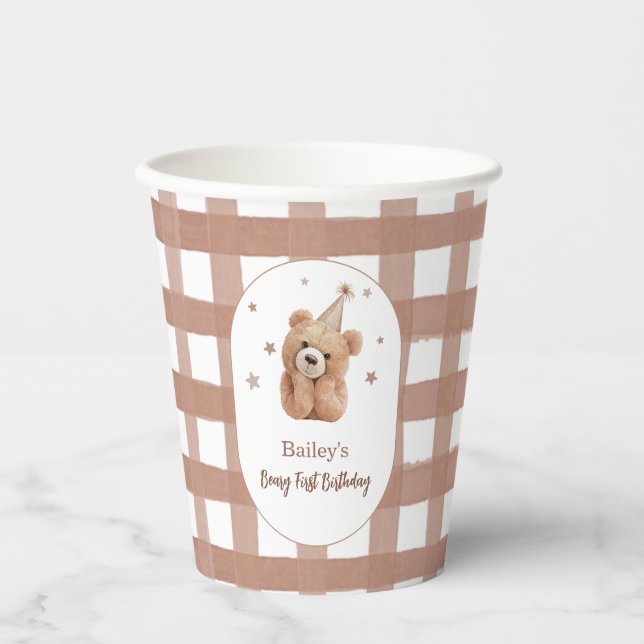 Beary First Birthday Gingham Pappbecher (Vorderseite)