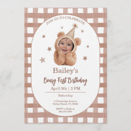 Beary First Birthday Gingham Photo Invitation Einladung