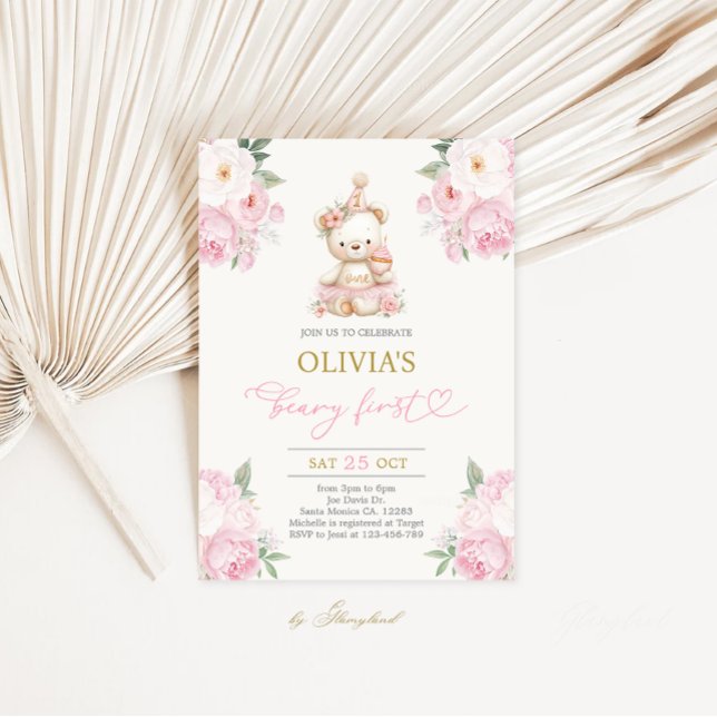 Beary First Birthday Girl Einladung (Von Creator hochgeladen)