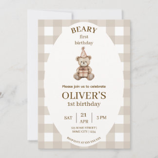 Beary First Birthday Invitation Gingham Editable