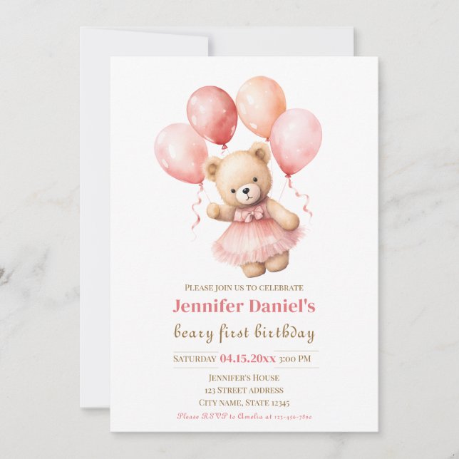 Beary First Birthday Invite with Pink Balloons Einladung (Vorderseite)