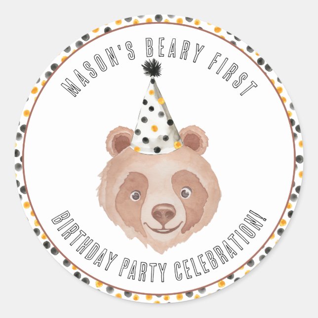 Beary First Birthday Party Sticker - Teddy Bear (Vorderseite)