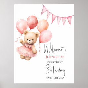 Beary First Birthday Poster Rosa Ballon