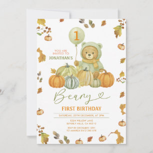 Beary First Birthday Pumpkin Green Autumn Leaves Einladung