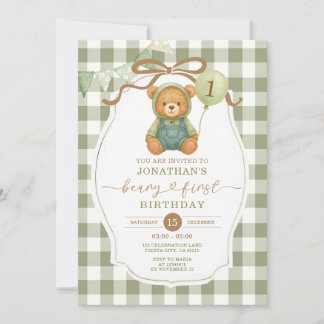 Beary First Birthday Pumpkin Sage Green Gingham Einladung