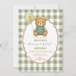 Beary First Birthday Pumpkin Sage Green Gingham Einladung