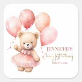 Beary First Birthday Square Favor Labels Princes Quadratischer Aufkleber