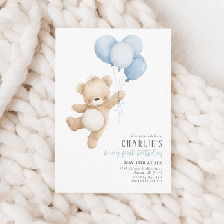 Beary First Blue Balloon Boy 1. Geburtstag Teddy Einladung