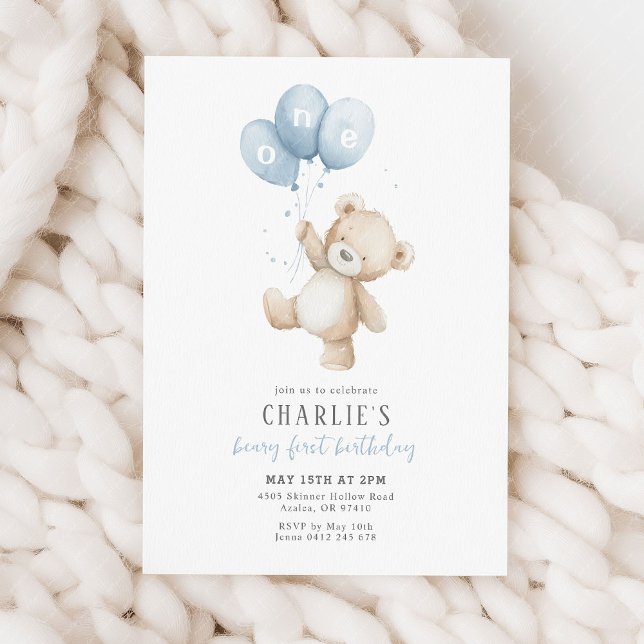 Beary First Blue Balloon Boy 1st Birthday Teddy Einladung (Beary 1st Birthday Invitation | Boy's blue balloon teddy bear invitation)