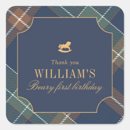 Beary First Navy Plaid Square  Quadratischer Aufkleber