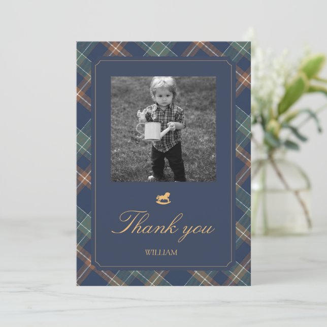 Beary First Navy Plaid Teddy Bear Birthday Dankeskarte (Stehend Vorderseite)