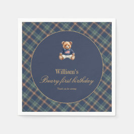 Beary First Navy Plaid Teddy Bear Boy Birthday  Serviette