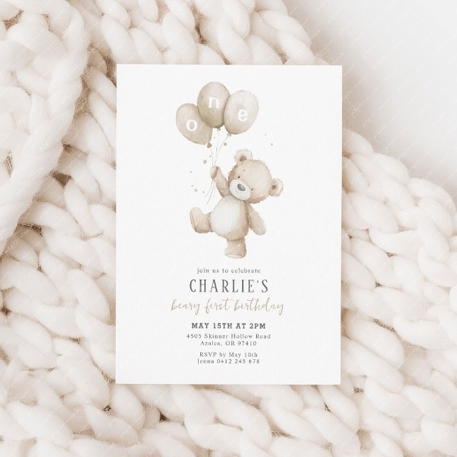 Beary First Neutral Balloon Boy 1st Birthday Teddy Einladung (Beary first birthday! Beige balloon and teddy bear 1st birthday party invitation)