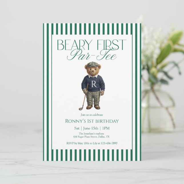 Beary First Par-Tee Golf 1st Birthday Einladung (Stehend Vorderseite)