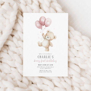 Beary First Pink Balloon Junge 1. Geburtstag Teddy Einladung