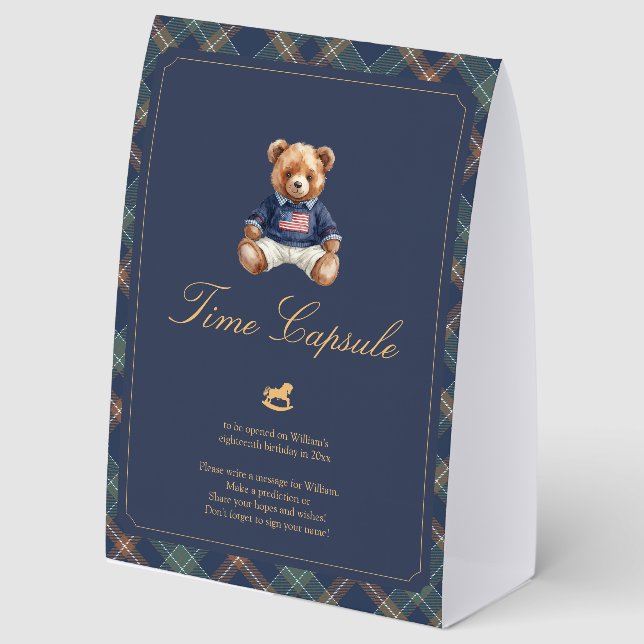 Beary First Plaid Teddy Bear Time Capsule Sign Tischaufsteller (Vorderseite)