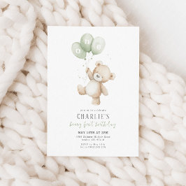 Beary First Sage Green Balloon Boy 1st Birthday Einladung