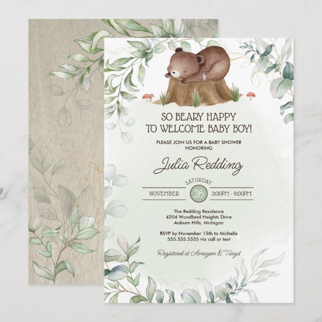 Beary Happy Woodland Forest Bear Boy Baby Dusche Einladung (Vorne/Hinten)