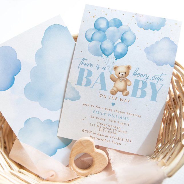 Beary niedlich Baby auf dem Weg blauen Teddy Bären Einladung (Von Creator hochgeladen)