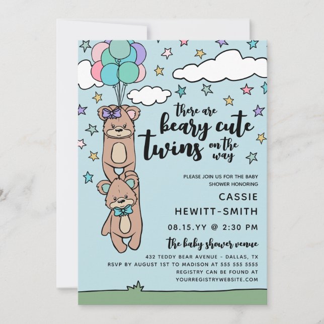 Beary Niedlich Boy & Girl Twin Baby Dusche Einladung (Vorderseite)