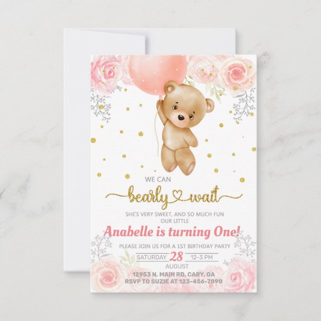 Beary niedlich Girl erste Einladung zum 1. Geburts (Vorderseite)