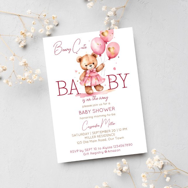 Beary niedlich Girl Teddy Bär Baby Dusche Vorlage (Beary cute girl teddy bear baby shower template invitation digital download teddy bear pink dress)