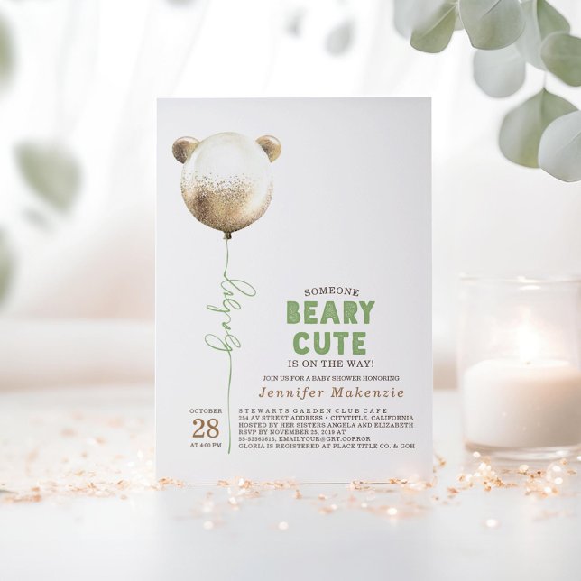 Beary Niedlich Gold Ballon Teddy Bear Baby Dusche Einladung (Beary Cute Baby Shower Invitations Bear Themed in Green and Gold Colors)